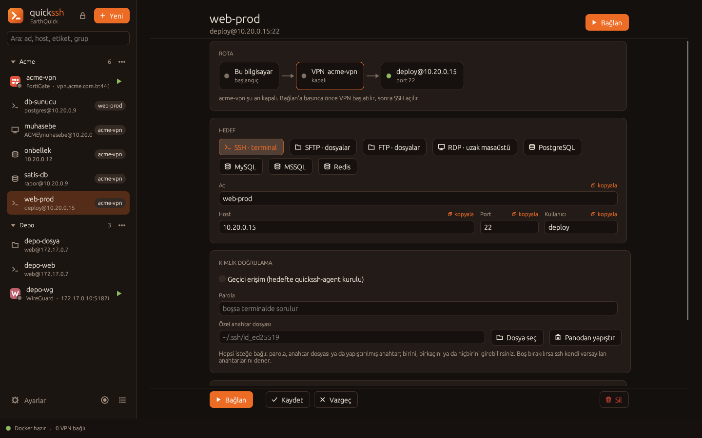 quickssh: solda gruplanmış VPN ve oturum listesi, sağda bir oturumun rotası ve ayarları