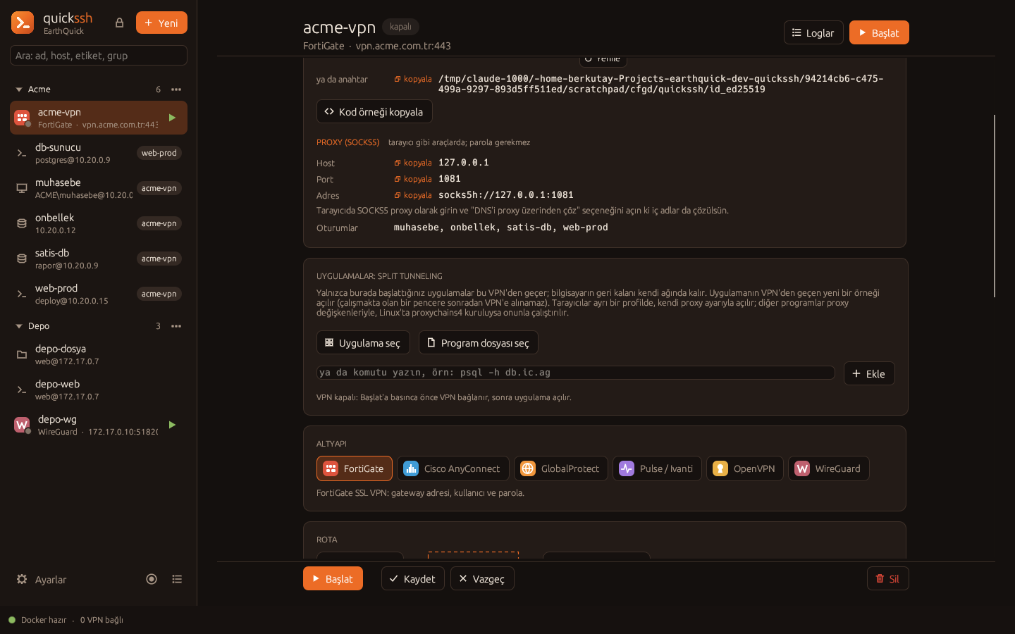 VPN sayfası: SSH tüneli ve proxy bilgileri ile split tunneling kartı